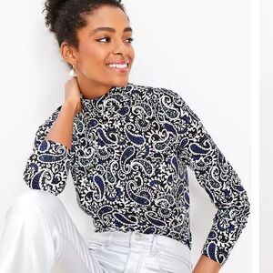 LOFT New w/ Tags $51 MSRP, Paisley Long Sleeve Turtleneck Top Black, Blue XL 16